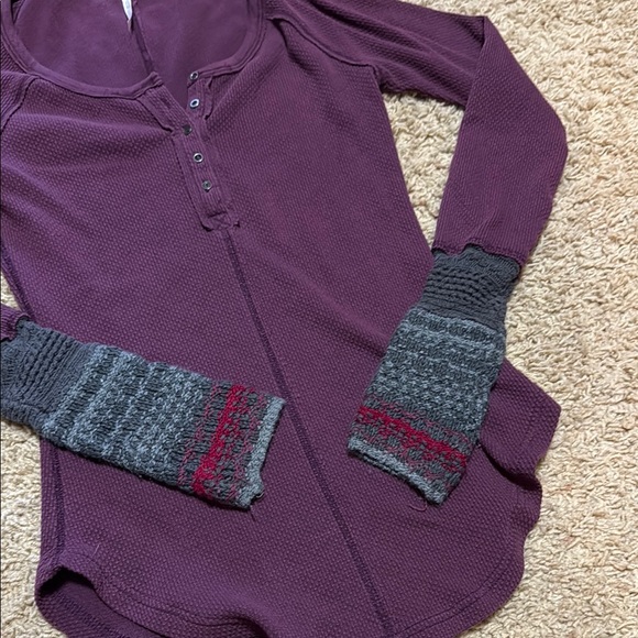 Free People Purple Long Sleeve Henley Top with Gray Accents - Picture 2 of 8